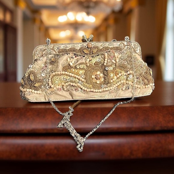 Evening bag Silk evening bag Mother of pearl ,sequence and seed beads GUC - Picture 7 of 13